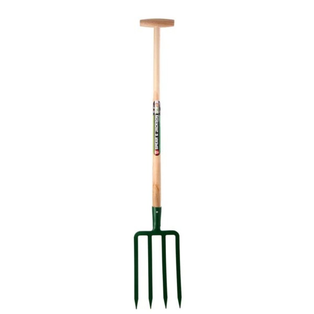 Spear & Jackson 4-tine digging fork with a wooden T-shaped handle