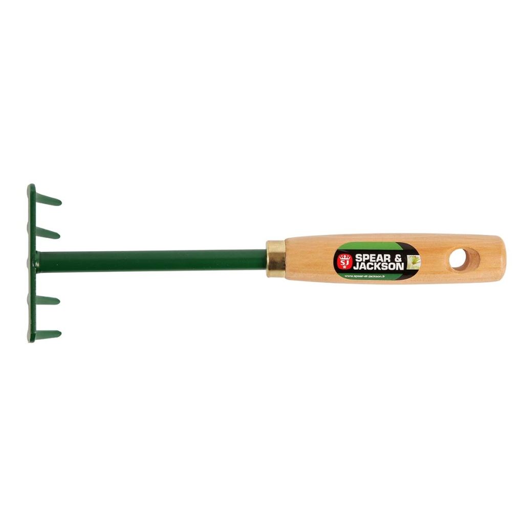 Spear and Jackson small hand rake with a round wire head and wooden handle