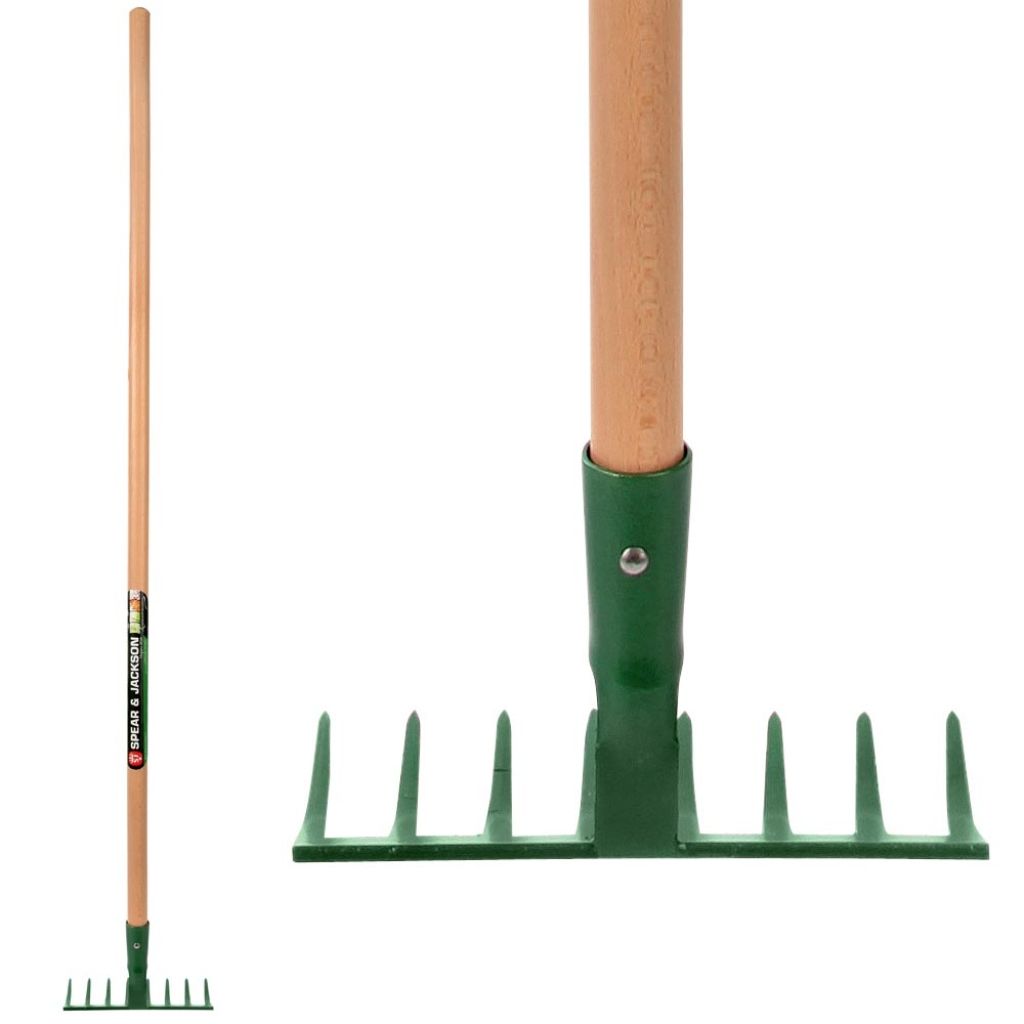 Spear and Jackson narrow rake made of hardened steel with 8 curved tines