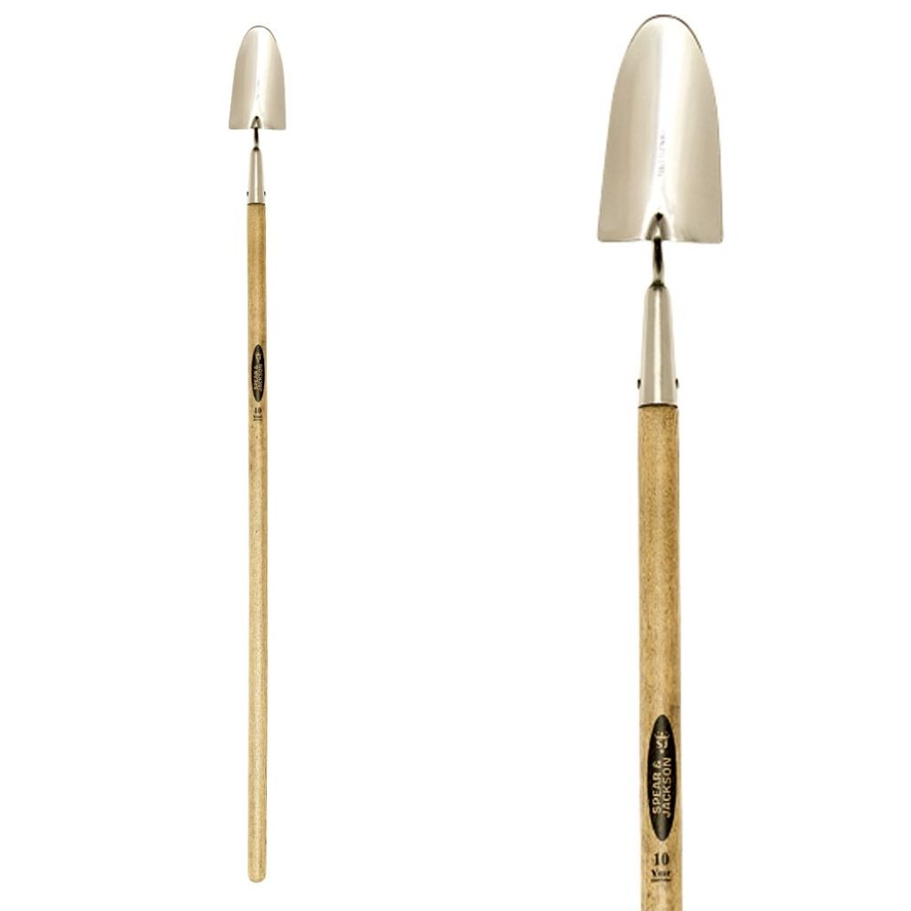 Traditional polished stainless steel trowel with a long handle by Spear & Jackson