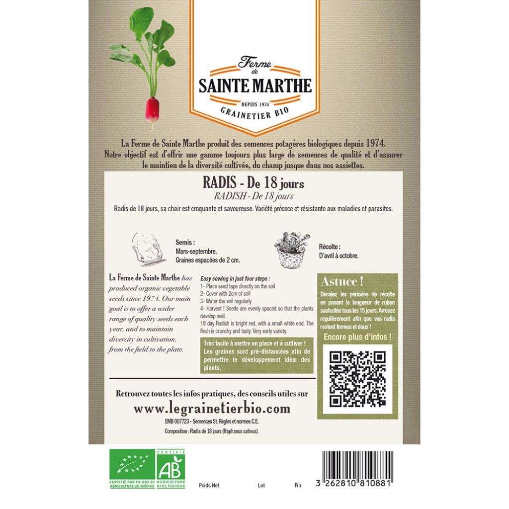 Carte ruban de Radis de 18 jours - Bio - Ferme de Sainte Marthe