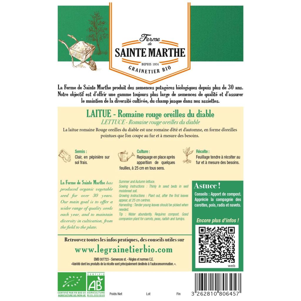 Laitue Romaine Rouge Oreilles du Diable Bio - Ferme de Sainte Marthe