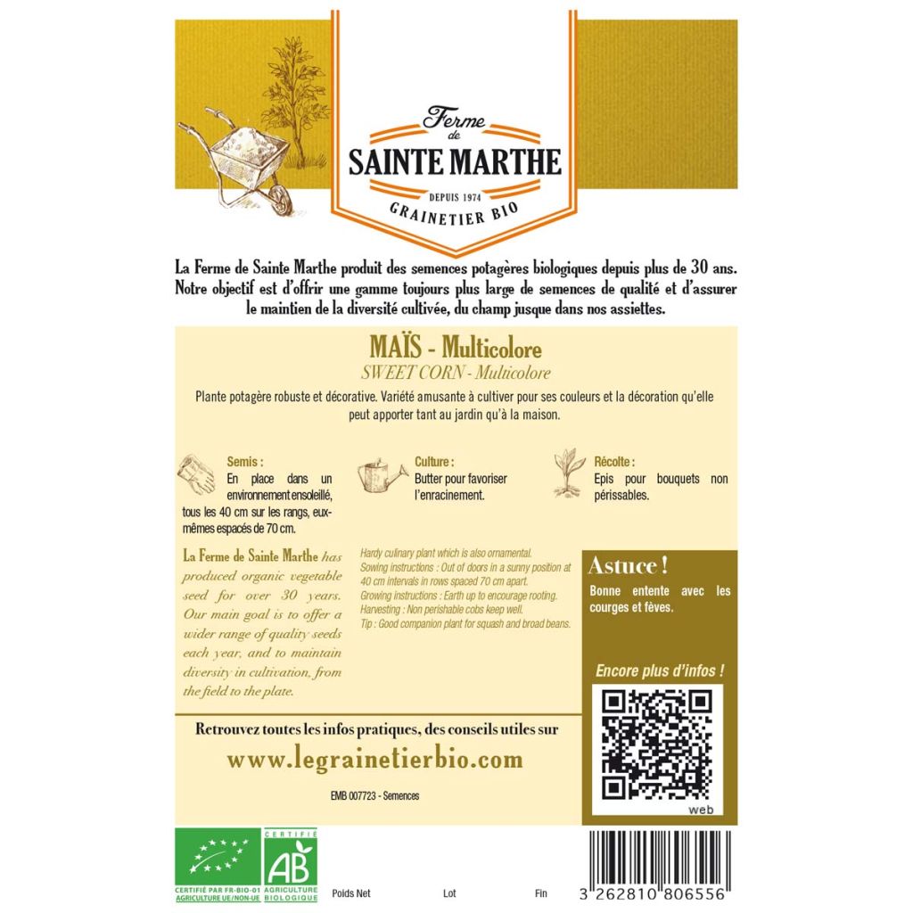 Organic Multicoloured Maize - Ferme de Sainte Marthe seeds seeds