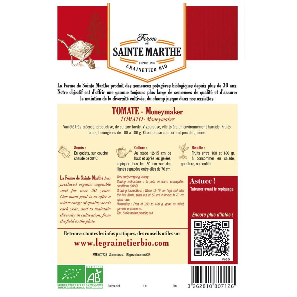 Moneymaker Organic Tomato - Ferme de Sainte Marthe seeds