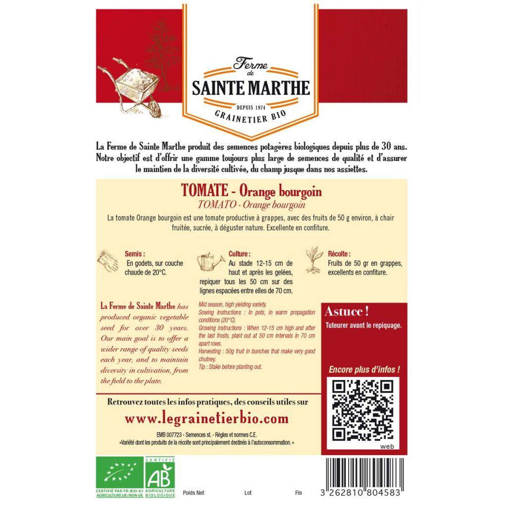 Orange Bourgoin Organic Tomato - Ferme de Sainte Marthe seeds