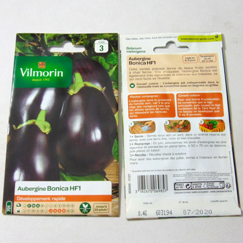 Example of Aubergine Bonica F1 - Vilmorin Seeds per pack of 50 seeds (0.4g) specimen as delivered