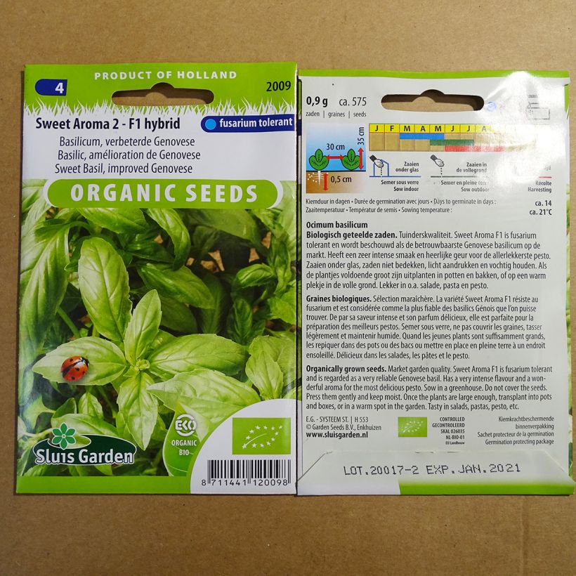 Example of Genovese Basil Sweet Aroma F1 per pack of 575 seeds (0.9g) specimen as delivered