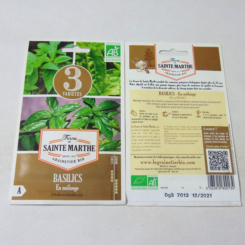 Example of Basil Mix (Cinnamon, Mammoth and Sweet Basil) - Ferme de Sainte Marthe seeds per pack of 150 seeds (0.3g) specimen as delivered