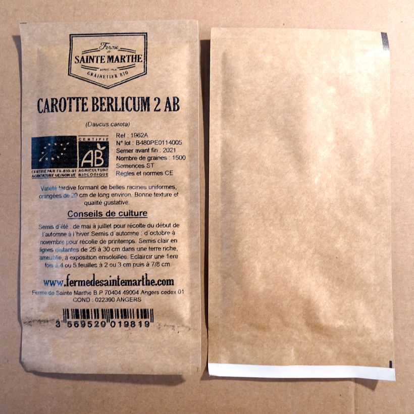 Example of Organic Carrot Berlicum 2 - Ferme de Sainte Marthe seeds - Daucus carota per pack of 1500 seeds specimen as delivered
