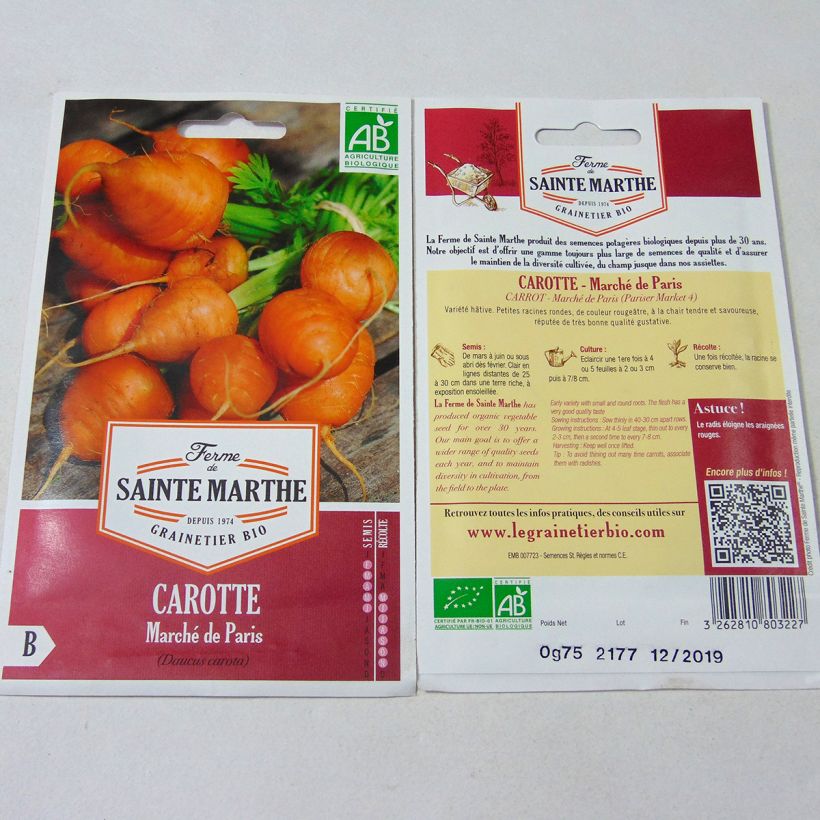 Example of Carrot Paris Market - Ferme de Sainte Marthe untreated seeds per pack of 1500 seeds specimen as delivered