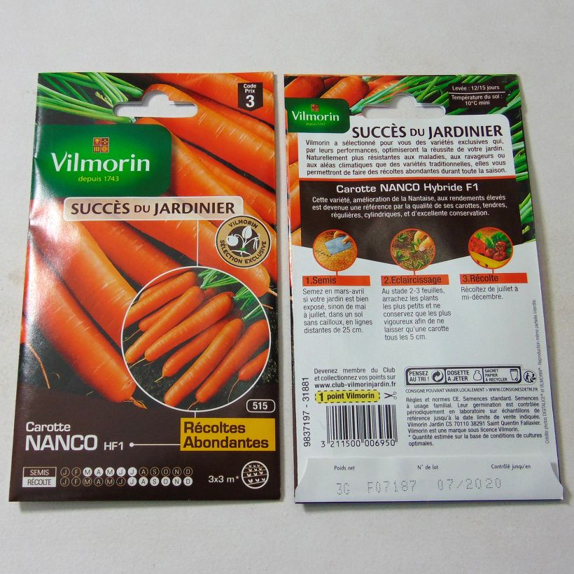 Example of Carrot Nanco F1 - Vilmorin Seeds per pack of 1500 seeds (3g) specimen as delivered