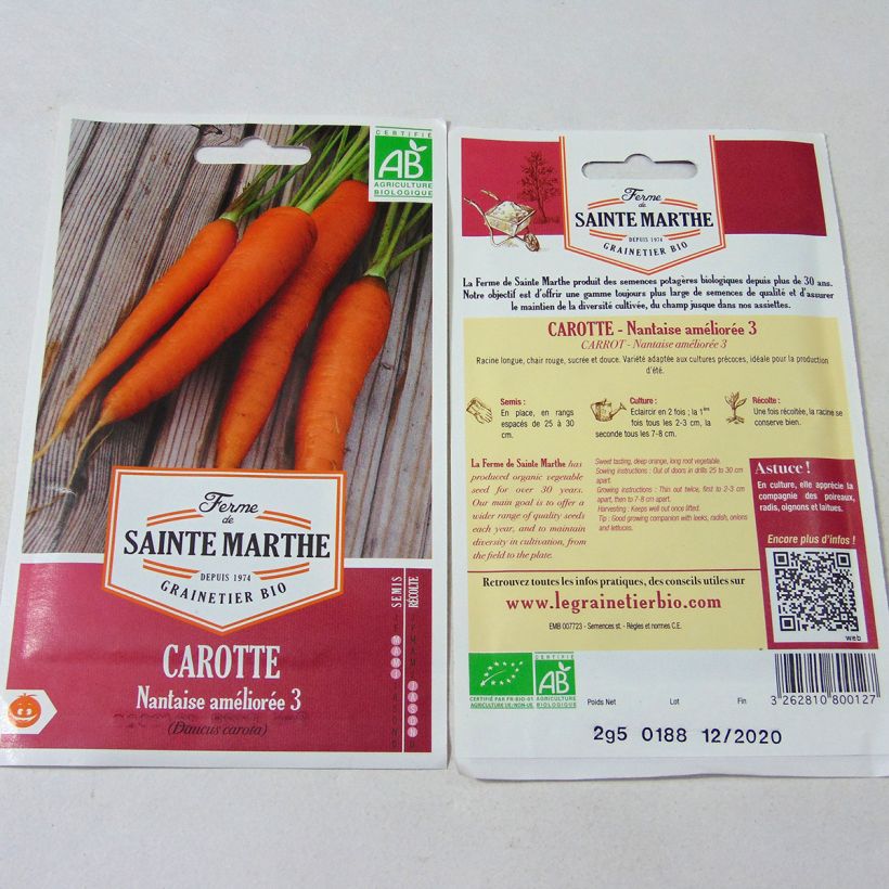 Example of Carrot Nantes 2 - Ferme de Sainte Marthe Seeds per pack of 2500 seeds (2.5g) specimen as delivered