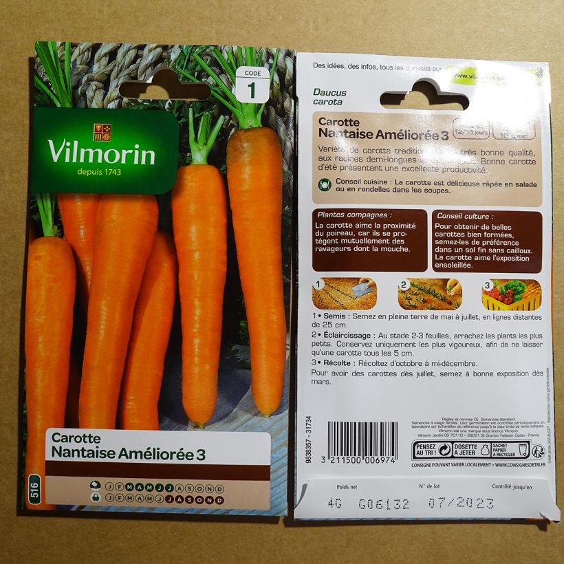 Example of Carrot Nantes Improved 3 - Vilmorin Seeds per pack of 3600 seeds (4g) specimen as delivered