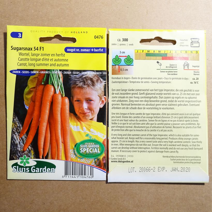 Example of Carrot Sugarsnax 54 F1 per pack of 300 seeds specimen as delivered