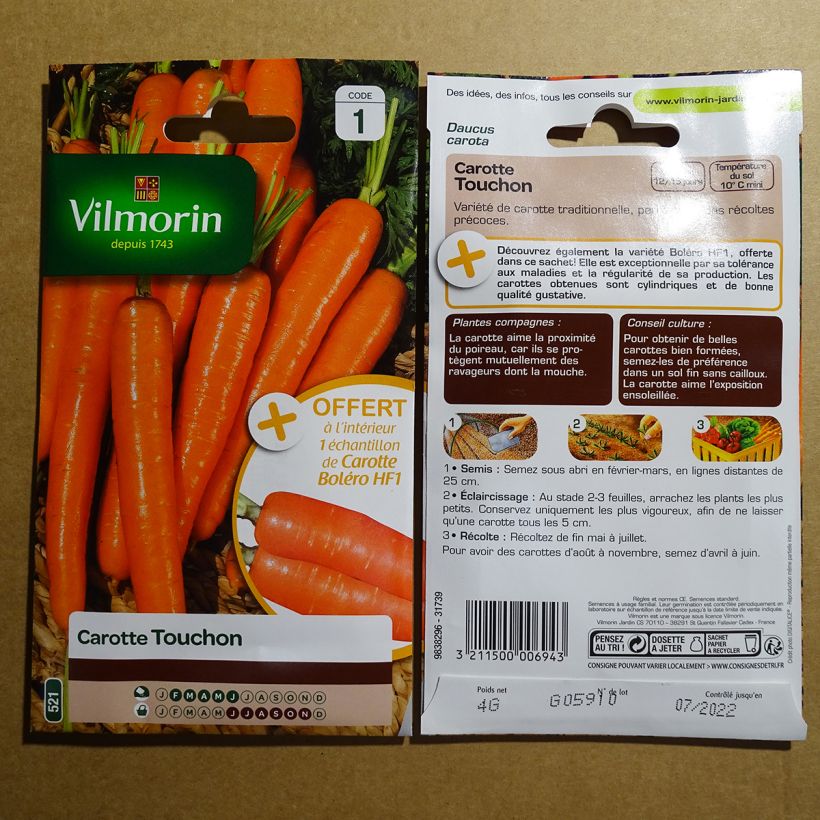 Example of Carrot Touchon + Bolero F1 Sample - Vilmorin Seeds per pack of 2000 seeds (4g) specimen as delivered