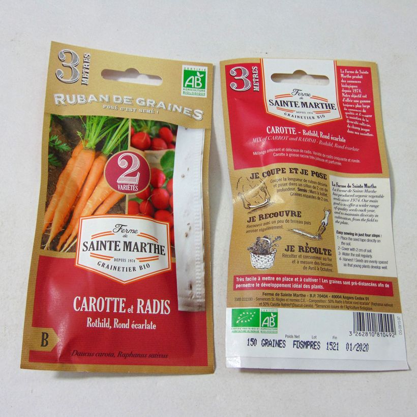 Example of Radish and Carrot Mix (Scarlet Globe, Rothild) - Ferme de Sainte Marthe seeds Ribbon seeds specimen as delivered