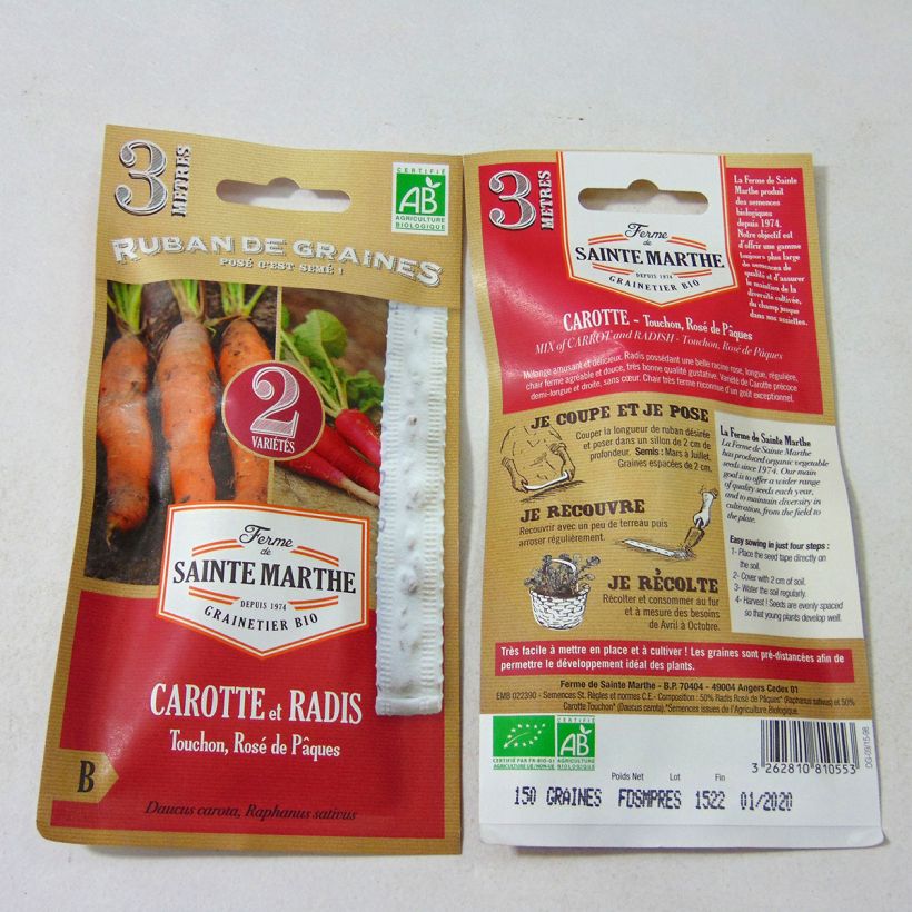 Example of Radish and Carrot Mix (Touchon, Rose de Pâques) - Ferme de Sainte Marthe seeds Ribbon seeds specimen as delivered