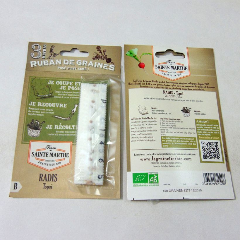 Example of Ribbon card of Organic Topsi Radish - Ferme de Sainte Marthe seeds per 1 g seed pack specimen as delivered