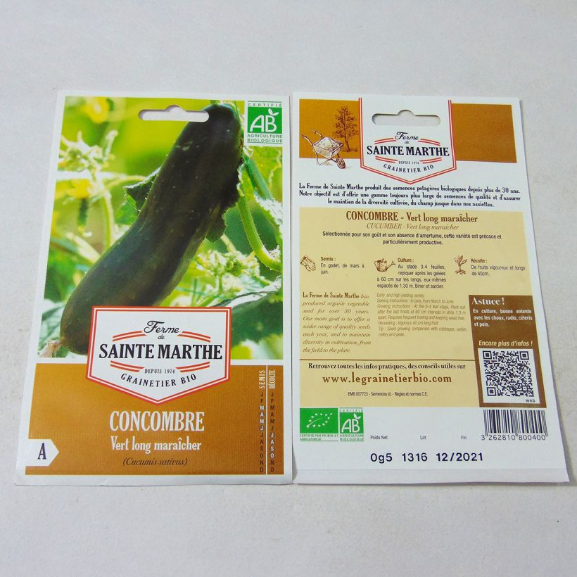 Example of Cucumber Vert Long Maraîcher - Ferme de Sainte Marthe Seeds per pack of 15 seeds specimen as delivered