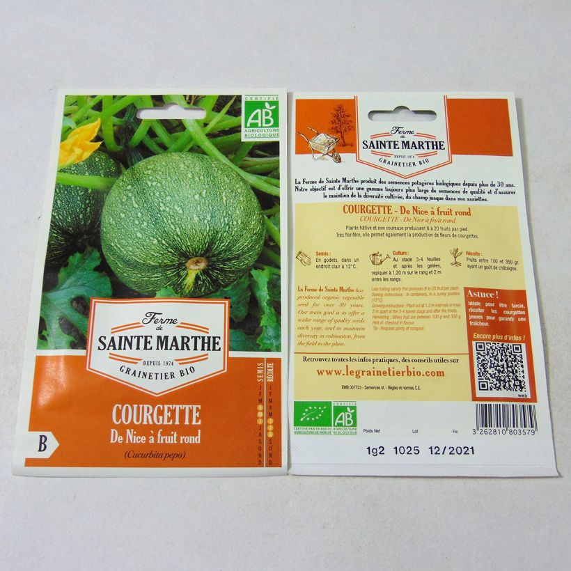Example of Courgette Nice à fruit rond - Ferme de Sainte Marthe Seeds per pack of 8 seeds (1.2g) specimen as delivered