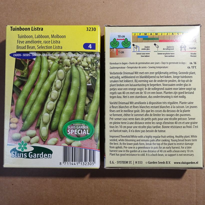 Example of Broad Bean Driemaal Wit Listra per pack of 42 seeds (85g) specimen as delivered