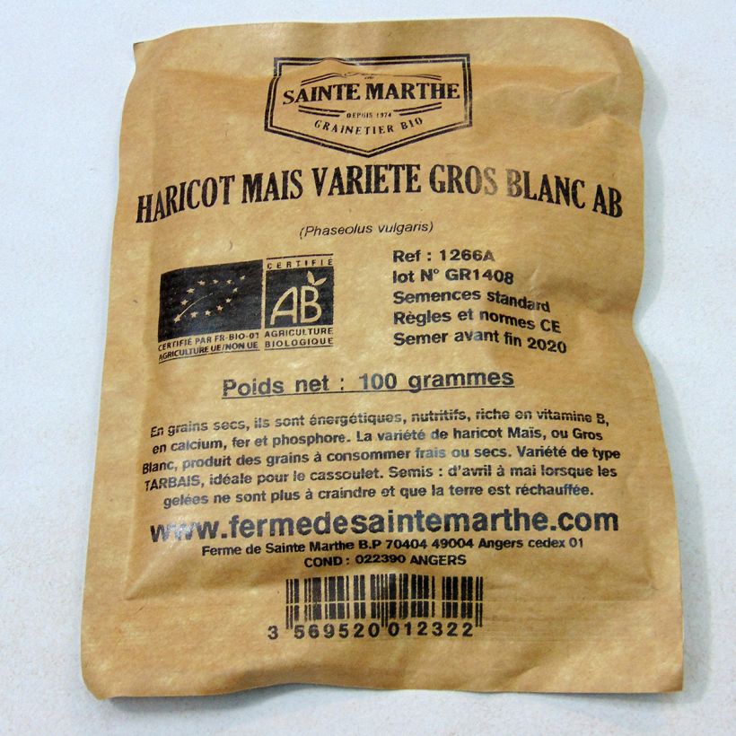Example of Pole Dry Bean Maïs Gros Blanc Tarbais - Ferme de Sainte Marthe per pack of 150 seeds (80g) specimen as delivered