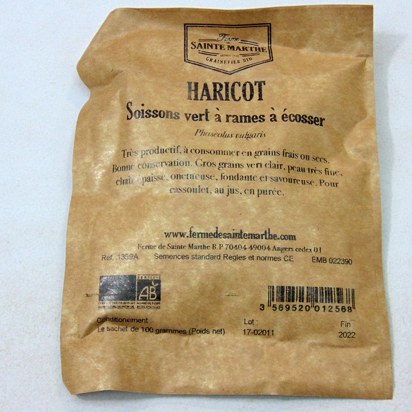 Example of Climbing Bean to Shell Soissons Green - Ferme de Sainte Marthe seeds per pack of 200 seeds (100g) specimen as delivered