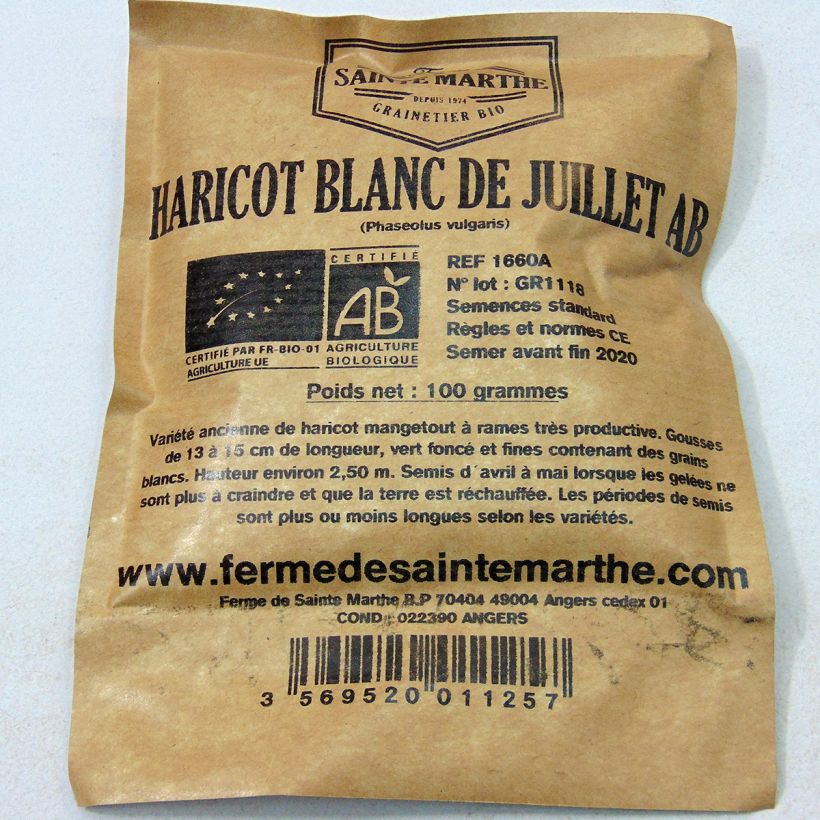 Example of French Pole Bean Blanc de Juillet - Ferme de Sainte Marthe Seeds per pack of 200 seeds (80g) specimen as delivered