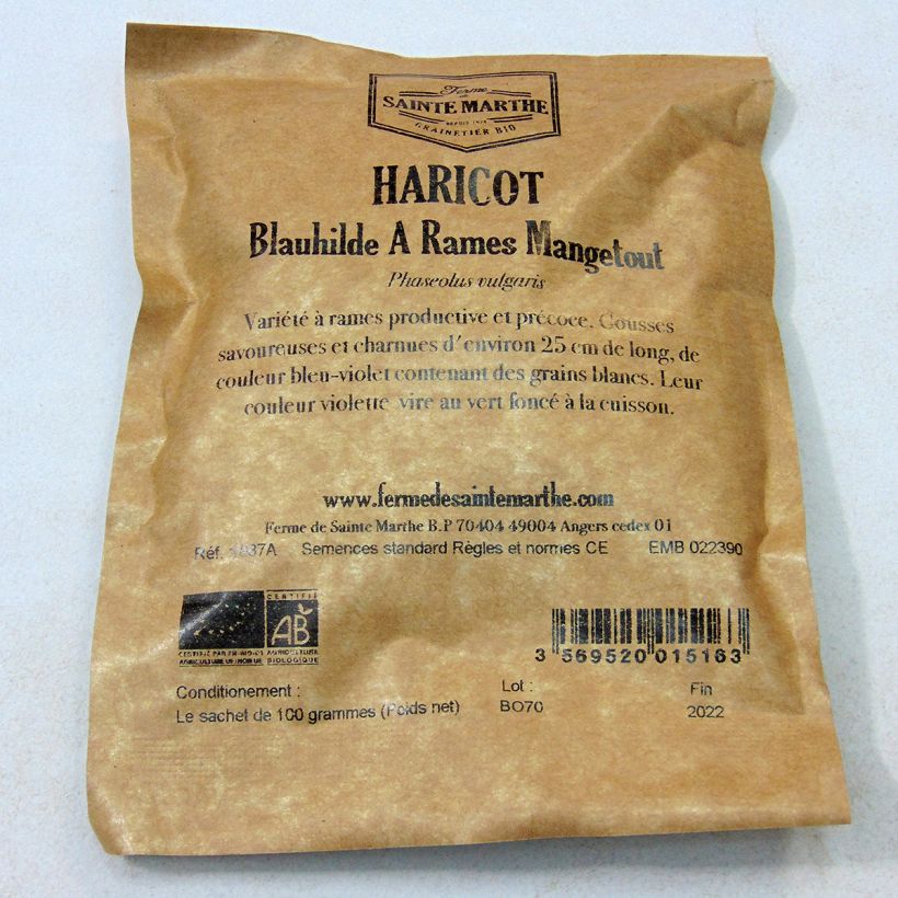 Example of French Pole Bean Blauhilde - Ferme de Sainte Marthe Seeds per pack of 200 seeds (80g) specimen as delivered