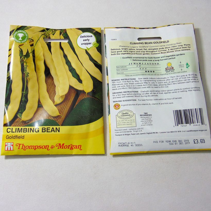 Example of Climbing French bean mangetout Goldfield (flat pods) per pack of 40 seeds specimen as delivered