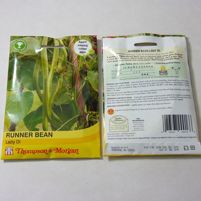 Example of Runner Bean Lady Di per pack of 40 seeds (50g) specimen as delivered