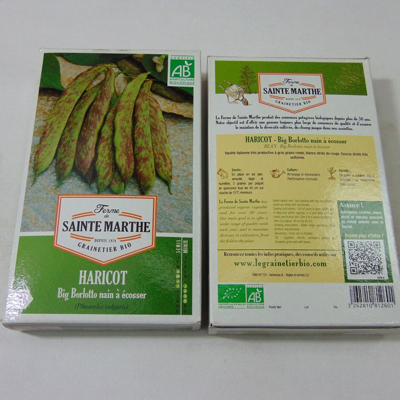 Example of Dwarf Bean for Shelling Big Borlotto - Ferme de Sainte Marthe seeds per 80 g seed pack specimen as delivered