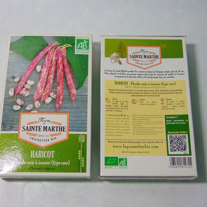 Example of Dwarf Bean for Shelling Flambo- Ferme de Sainte Marthe seeds per pack of 180 seeds (80g) specimen as delivered