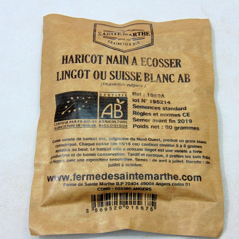 Example of Bush Shell Bean Lingot Suisse Blanc - Ferme de Sainte Marthe Seeds per pack of 160 seeds (80g) specimen as delivered