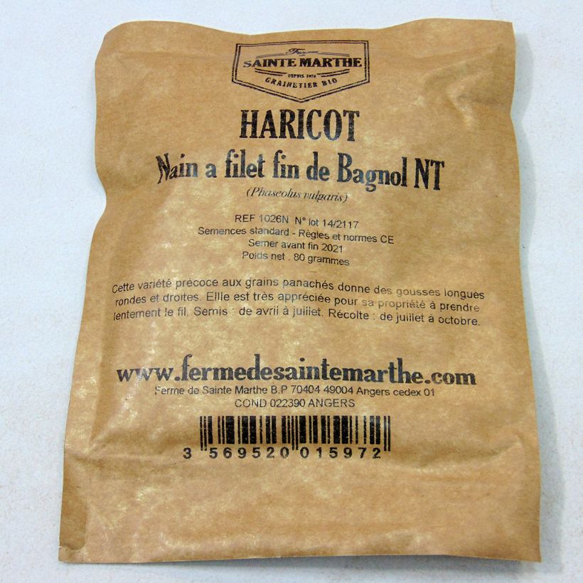 Example of Dwarf Filet Bean Fin de Bagnols - Ferme de Sainte Marthe untreated seeds per pack of 160 seeds (80g) specimen as delivered