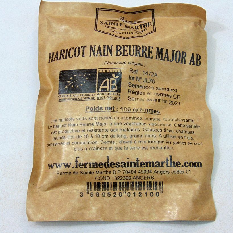 Example of Dwarf French Bean Major - Ferme de Sainte Marthe Seeds per 80 g seed pack specimen as delivered