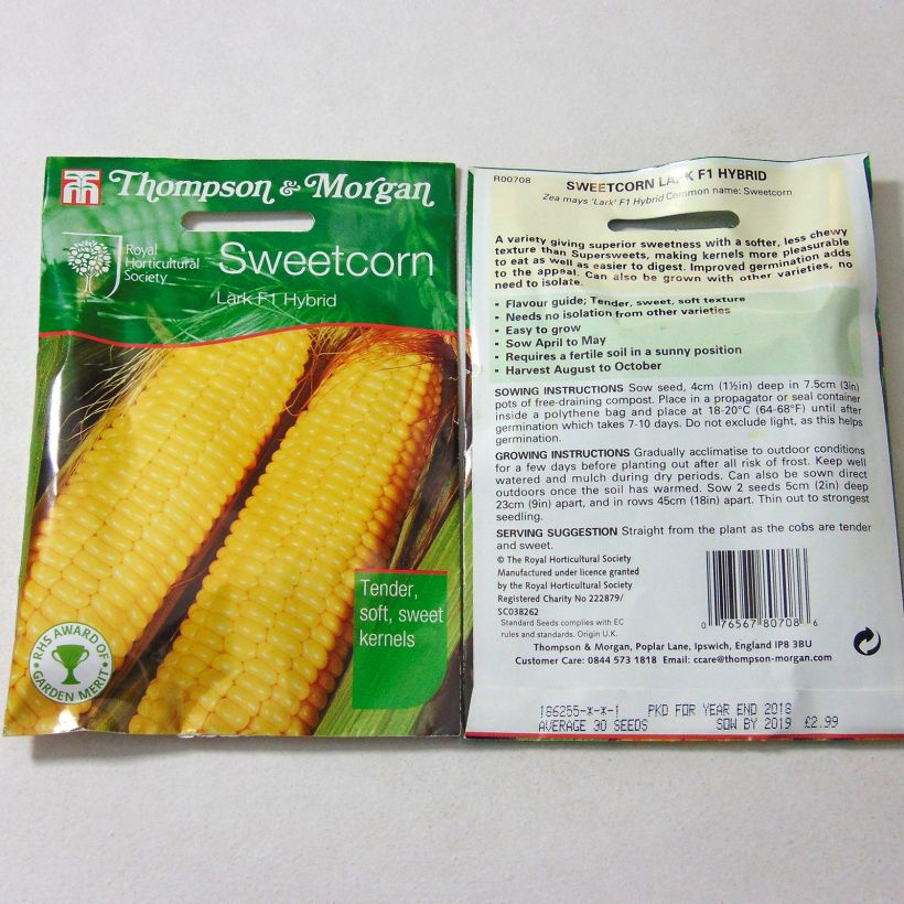 Example of 'Lark' F1 Sweetcorn - Zea mays per pack of 30 seeds specimen as delivered