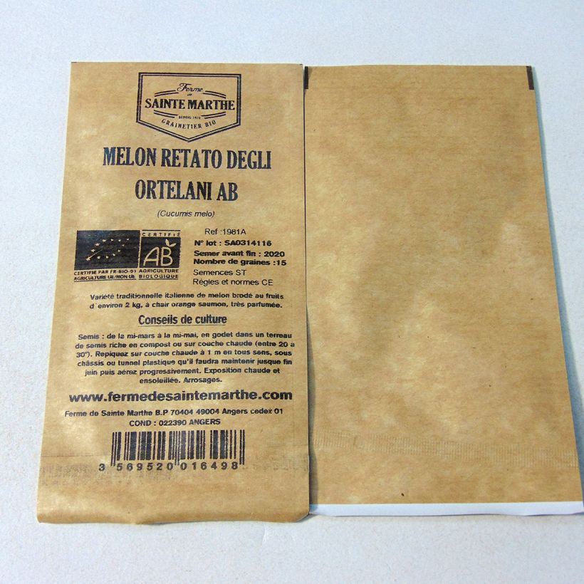 Example of Cucumis melo Rerato Degli Ortolani Bio per pack of 15 seeds (Sachet de 15 grainesg) specimen as delivered