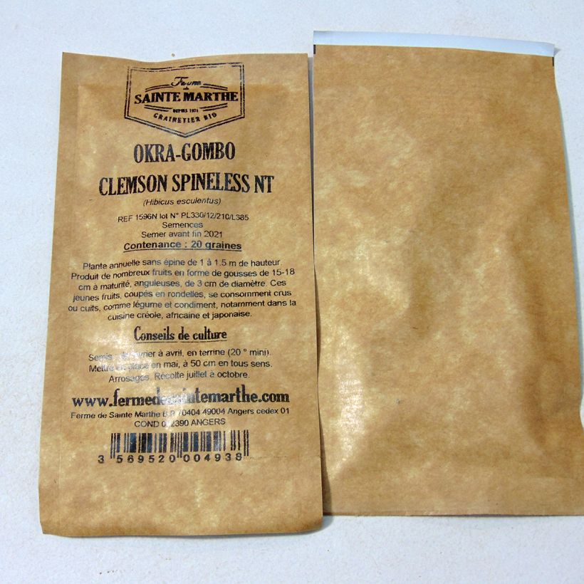 Example of Okra Gombo Clemson Spineless NT - Ferme de Sainte Marthe seeds per pack of 20 seeds (1g) specimen as delivered