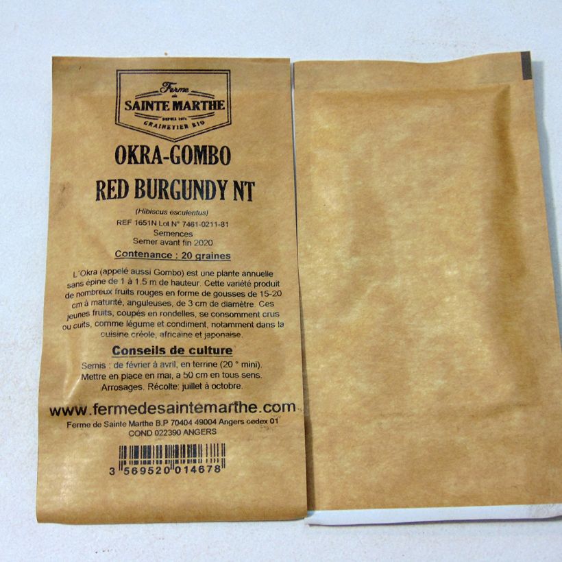 Example of Okra Gombo Red Burgundy NT - Ferme de Sainte Marthe seeds per pack of 20 seeds (1g) specimen as delivered
