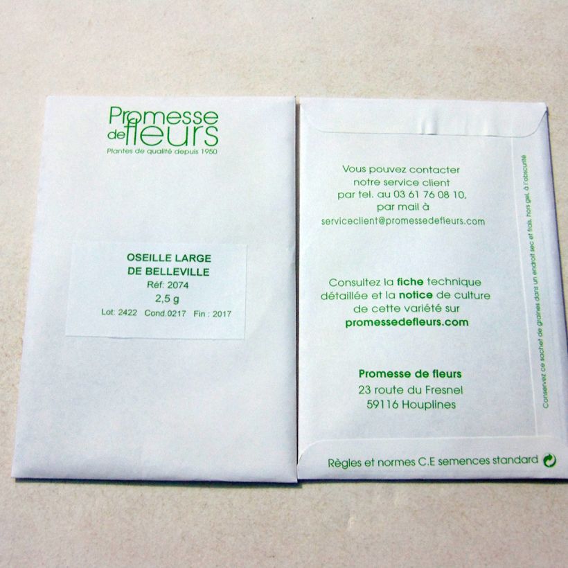 Example of Rumex acetosa Large De Belleville per pack of 1700 seeds (2,5g) specimen as delivered