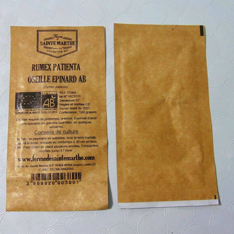 Example of Organic Sorrel-Spinach - Patience - Ferme de Sainte Marthe seeds per pack of 500 seeds (1g) specimen as delivered
