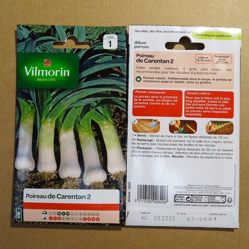 Example of Leek Carentan 2 - Vilmorin Seeds per pack of 1000 seeds (4g) specimen as delivered