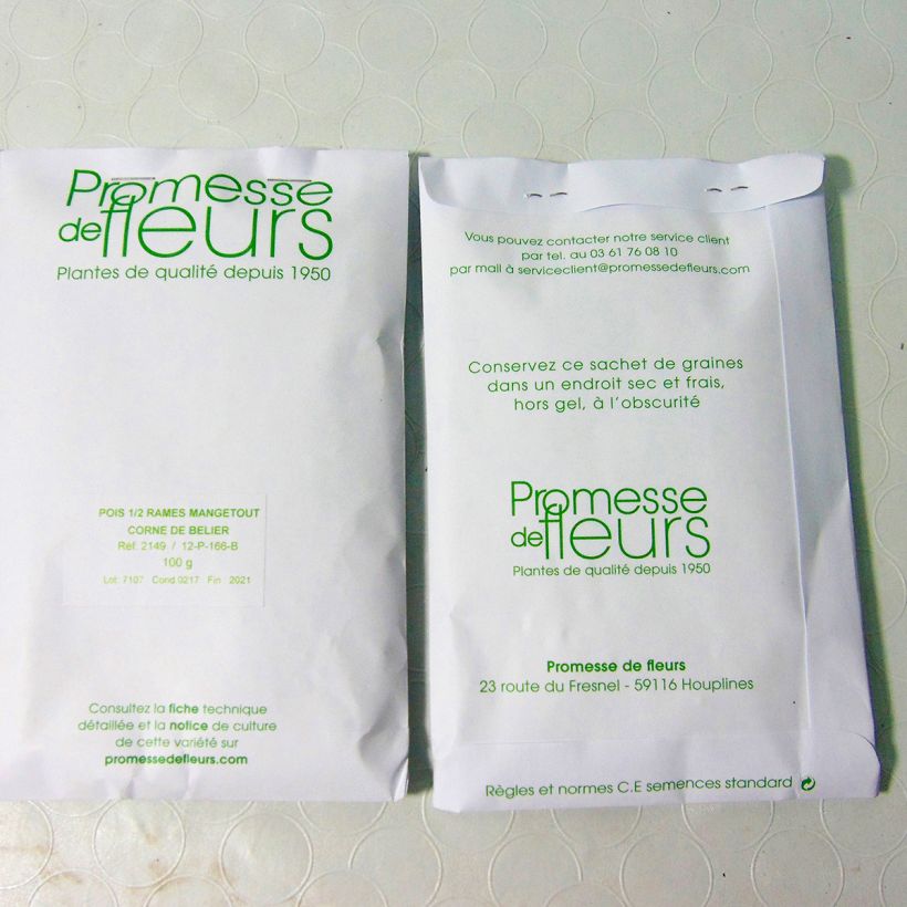 Example of Mangetout Pea Corne de Bélier per pack of 250-350 seeds (100g) specimen as delivered
