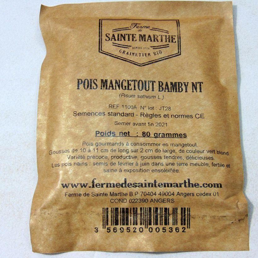 Example of Dwarf Mangetout Pea Bamby - Ferme de Sainte Marthe seeds specimen as delivered