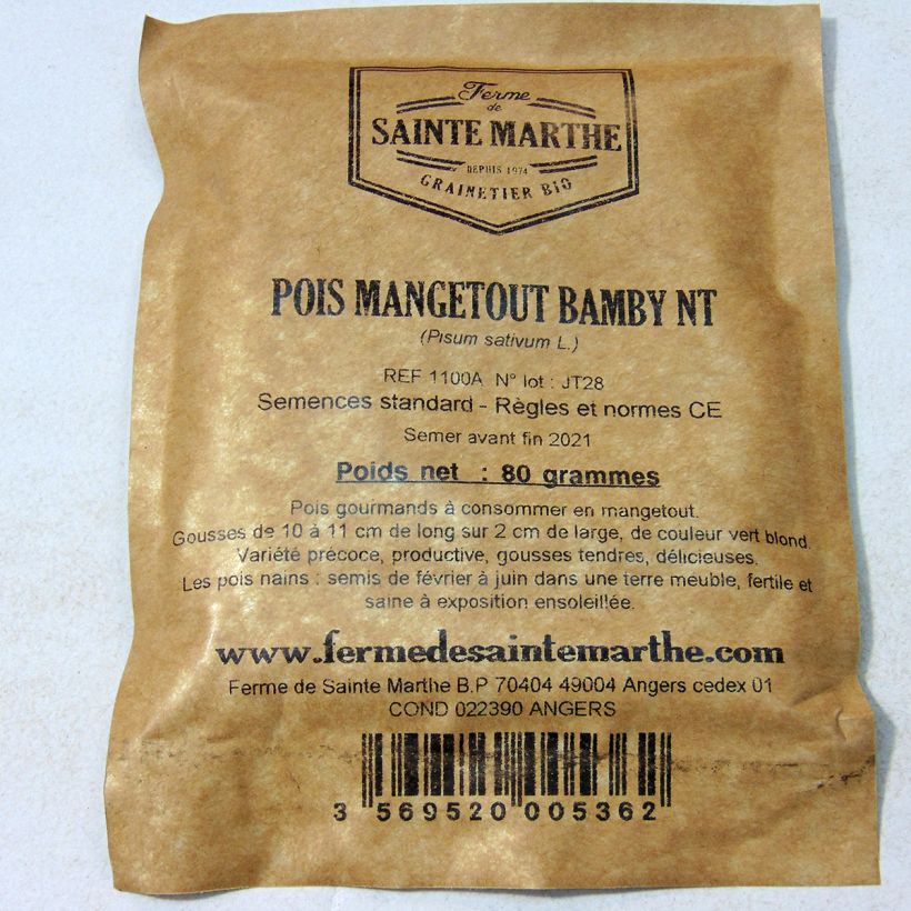 Example of Dwarf Mangetout Pea Bamby - Ferme de Sainte Marthe seeds per pack of 240 seeds (80g) specimen as delivered