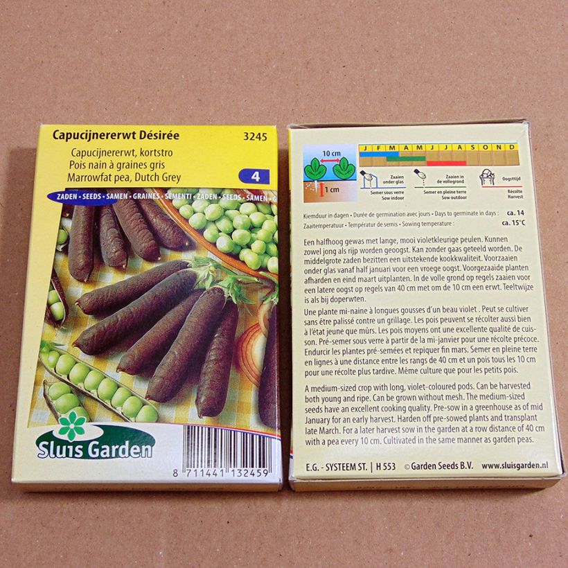 Example of Dwarf Pea Desiree - Purple-Podded per 60 g seed pack specimen as delivered