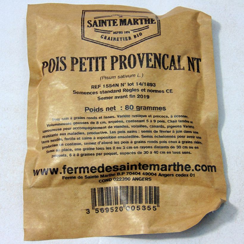 Example of Dwarf Pea Petit Provençal - Ferme de Sainte Marthe untreated seeds per pack of 240 seeds (80g) specimen as delivered