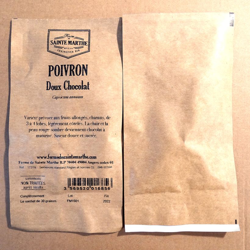 Example of Pepper Sweet Chocolate - Ferme de Sainte Marthe untreated seeds - Capsicum annuum per pack of 30 seeds (Sachet de 30 grainesg) specimen as delivered