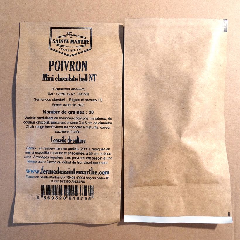 Example of Sweet Pepper Mini Chocolate Bell - Ferme de Sainte Marthe seeds per pack of 30 seeds (Sachet de 30 grammesg) specimen as delivered